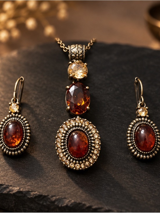 Avon Jewelry - Avon Amber Glass Pendant Necklace with Matching Drop Earrings - Gold-Tone